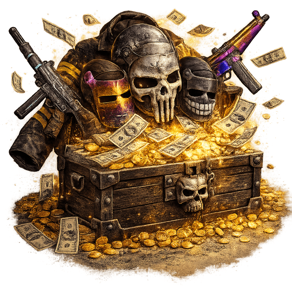 SkinsHouse.com landing artwork with Rust skins, weapons, armor, and fee highlights
